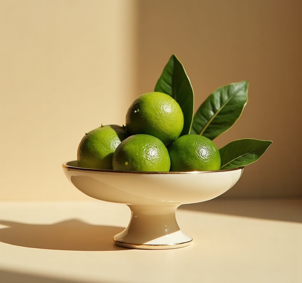 A ceramic dish piled with fresh calamansi fruits on a cream backdrop.