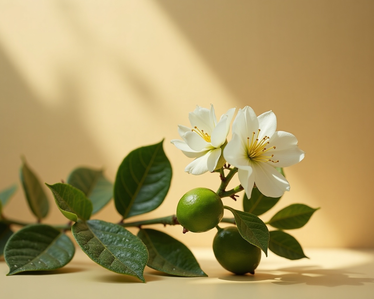 A close view of calamansi blossom and fruit on the branch, with morning dew.