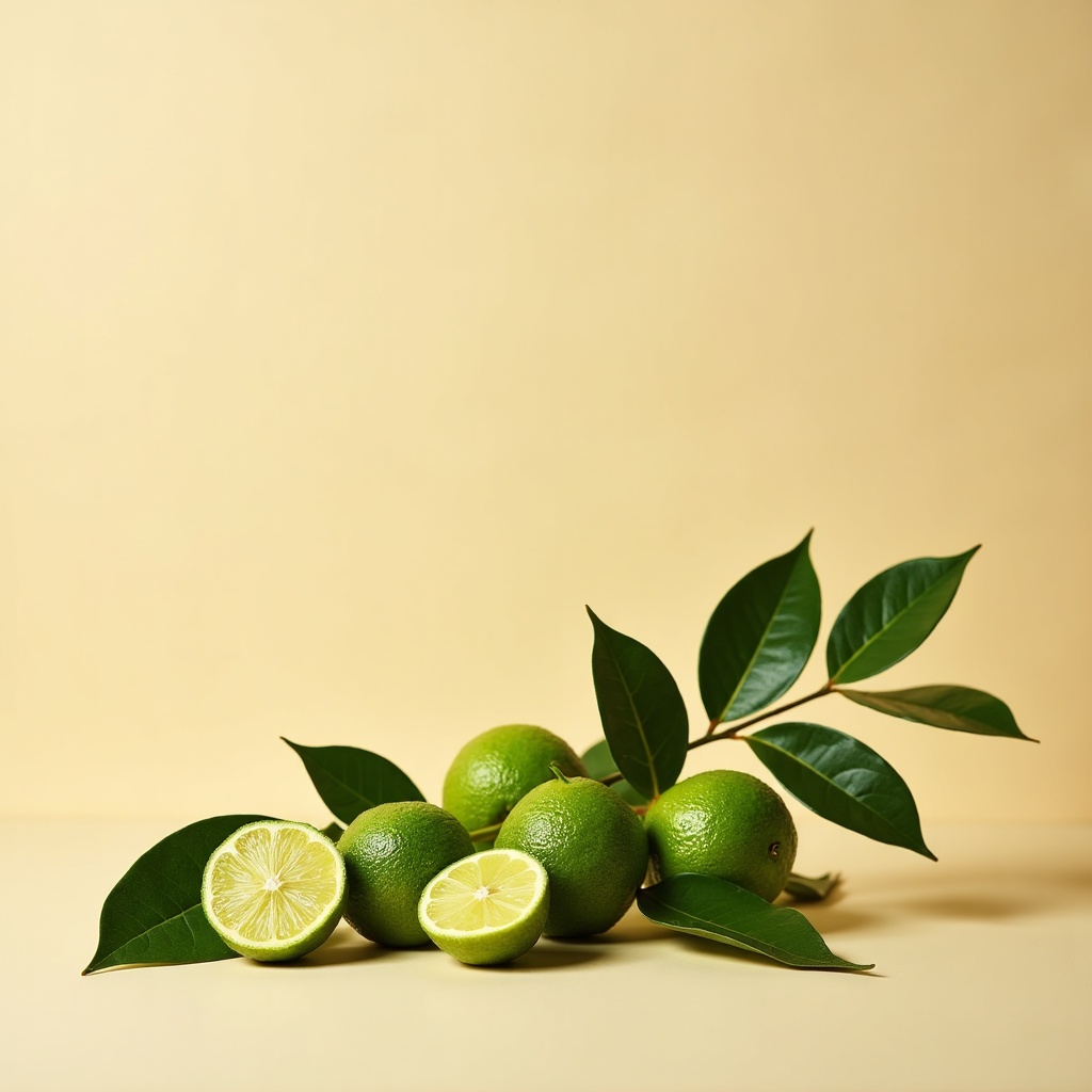 Fresh calamansi fruits and glossy leaves on a warm cream studio backdrop, one fruit cut open.