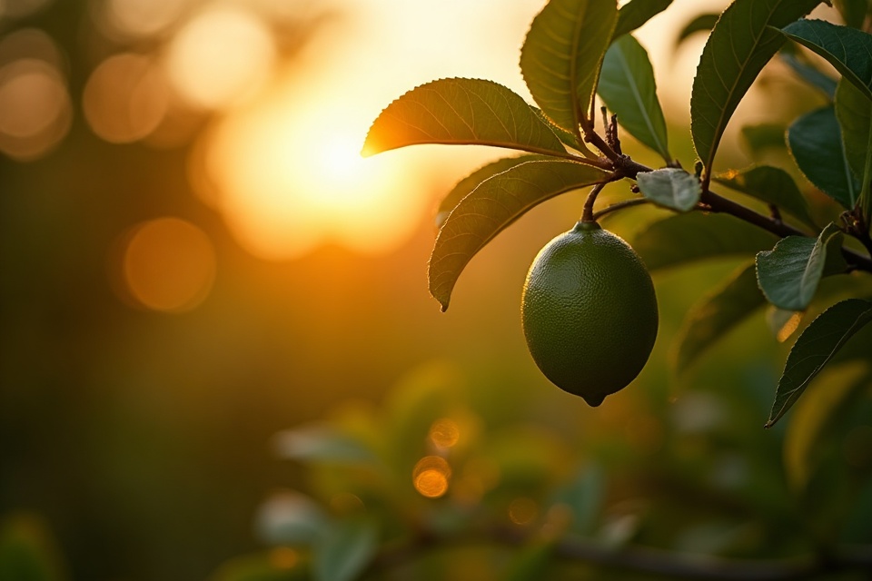Early sun flaring through a young calamansi tree in the grove.